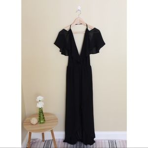 Flutter Sleeve Open Back Evening Gown